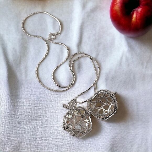 Vintage Apple Pendant Necklace Open Work Filigree Cage Clasp Opens Silver Tone. - Picture 13 of 16